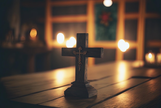 Church interior with bokeh ceremony lighting and a wooden crucifix on a wooden table