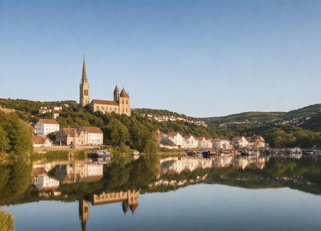 Photo a church is on a hill overlooking a lake