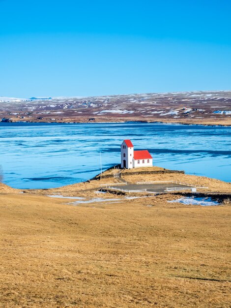 Church on lake ulfljotsvatn known as ulfljotsvatnskirkja is a beautiful viewpoint in iceland