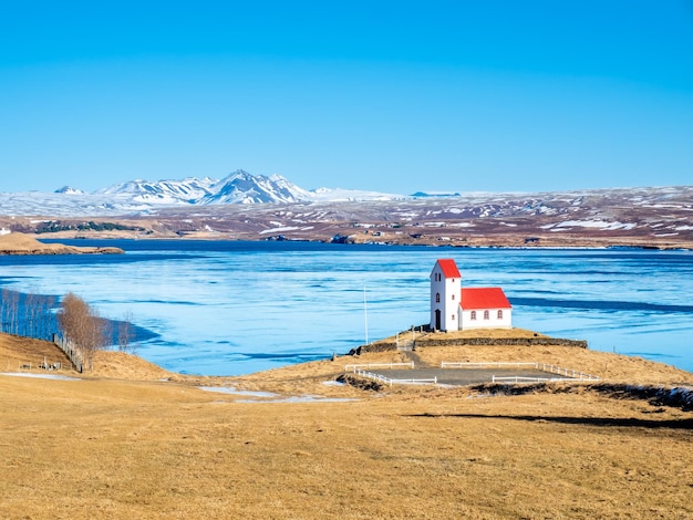 Church on lake Ulfljotsvatn known as Ulfljotsvatnskirkja is a beautiful viewpoint in Iceland