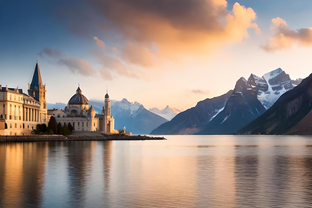 A church on a lake with mountains in the background