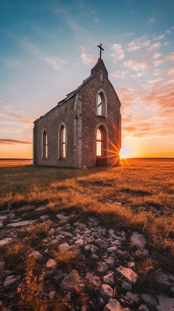 A church in the middle of a field with the sun setting behind it