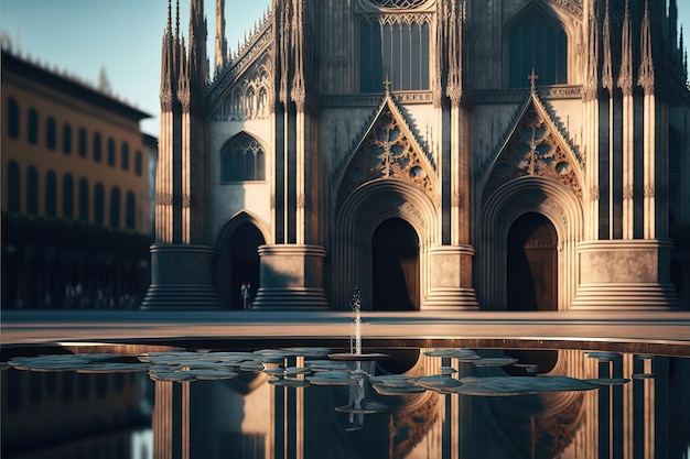 A church in milan with a reflection in the water.