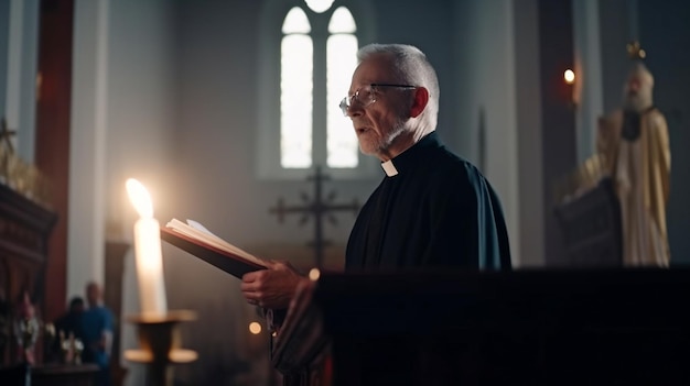 In church during ministration a senior priest reads the sermon via a microphone Generative AI