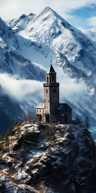 a church on a mountain with a mountain in the background