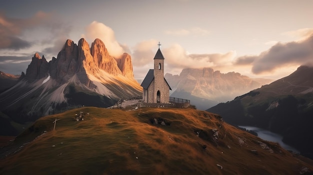 A church on a mountain with mountains in the background