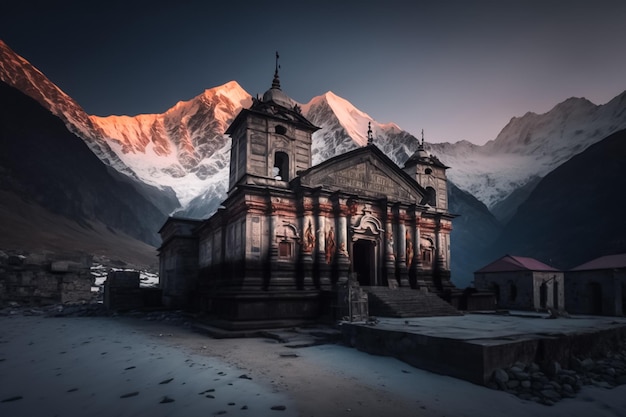 A church in the mountains at sunset