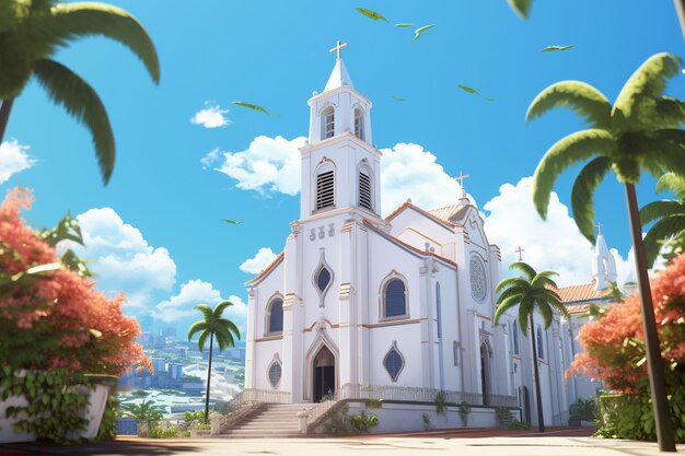 Photo church in the mountains with blue sky and white clouds 3d rendering