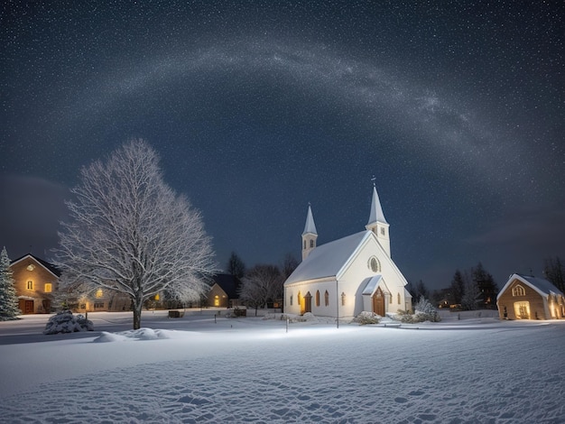 Photo a church in night christmas snow covered