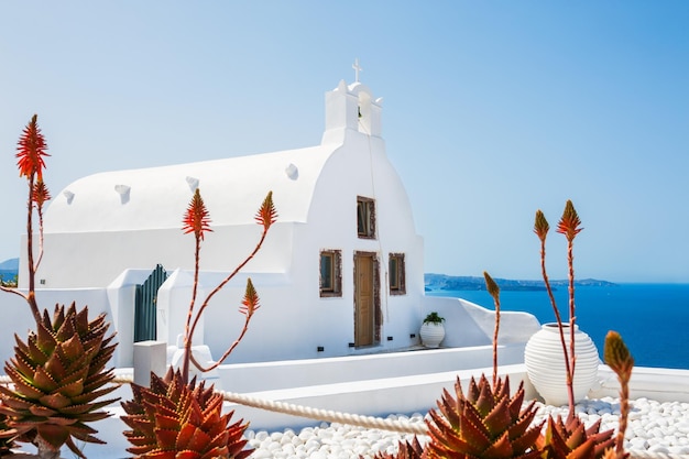 イアの町の教会、ギリシャのサントリーニ島の白い建築物。海の見える美しい風景。セレクティブフォーカス