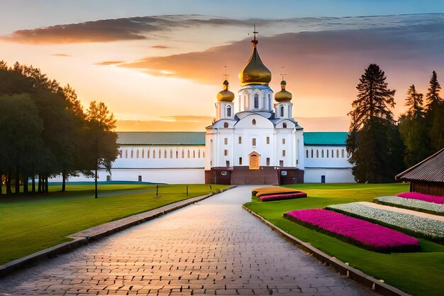 a church in a park with flowers and a sunset