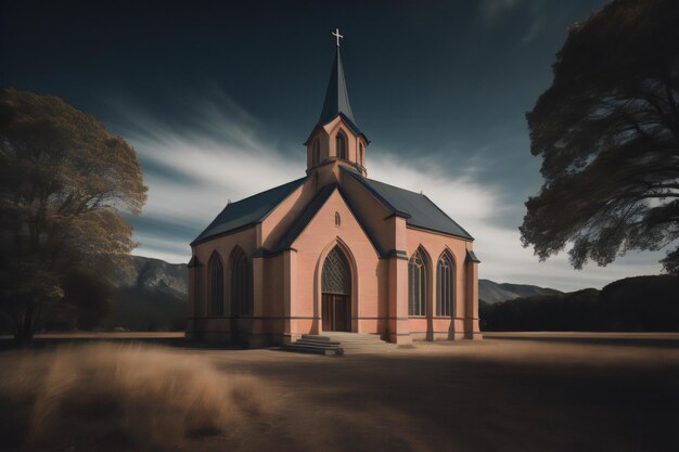 Church on the road in the mountains generative ai