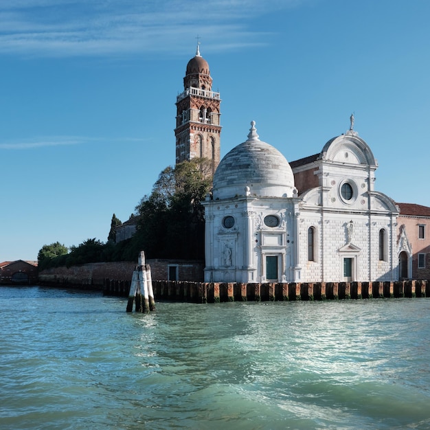 Church of San Michele island next to Venice city in Northern Italy. Historic cemetery island of Venice.