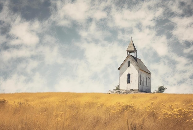 a church sits in the middle of an open field