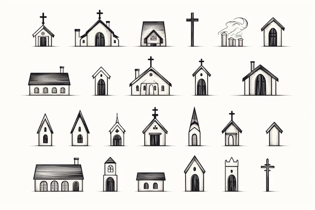 Photo church sketches set black and white ai generated