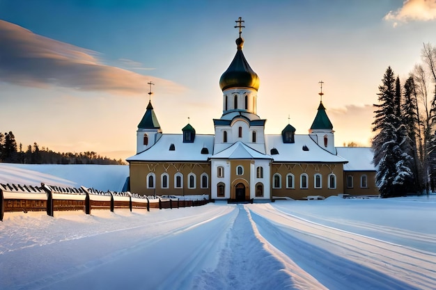 A church in the snow with a fence and a fence in the foreground.