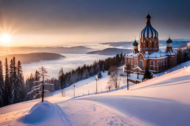 Church in the snow with mountains in the background