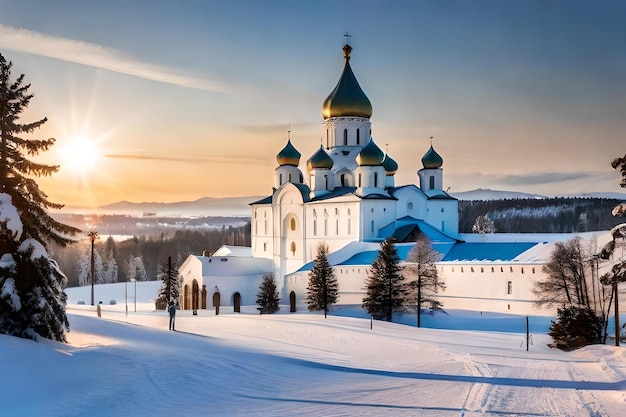 A church in the snow with a sunset background