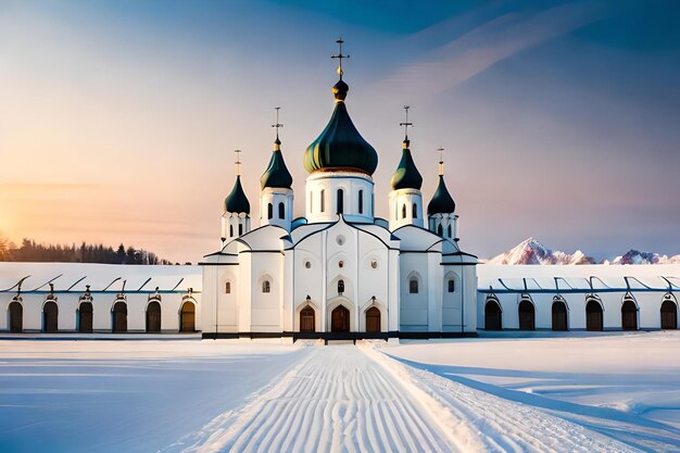 A church in a snowy landscape with a snowy mountain in the background