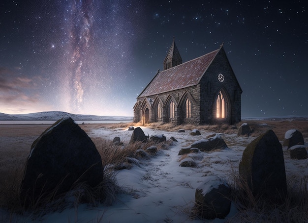 Церковь в снежном пейзаже со звездным небом и млечным путем на заднем плане.