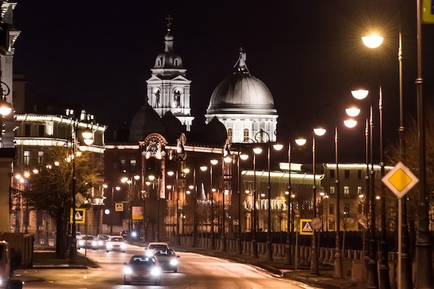 The Church of St. Catherine the Great Martyr at night from the Stock Exchange Bridge.