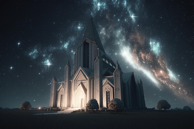 Церковь под звездным небом на фоне млечного пути.