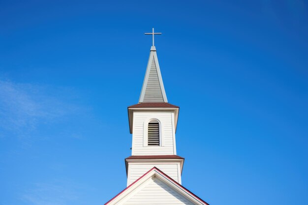 A church steeple against a clear sky