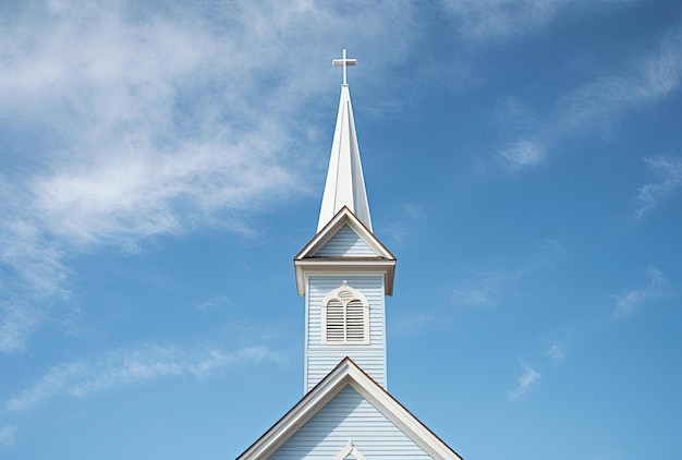 church steeple with a blue sky in the style of cabincore