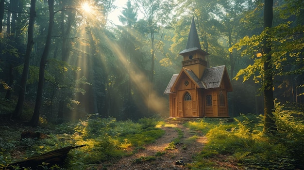 Foto chiesa circondata da una foresta