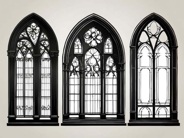 Photo church windows set silhouettes of gothic arches in line and glyph classic style old cathedral glas