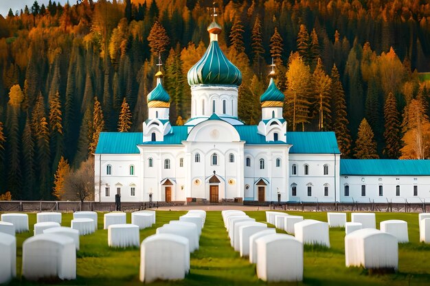 церковь с голубой крышей и зеленая крыша с голубым крышей.