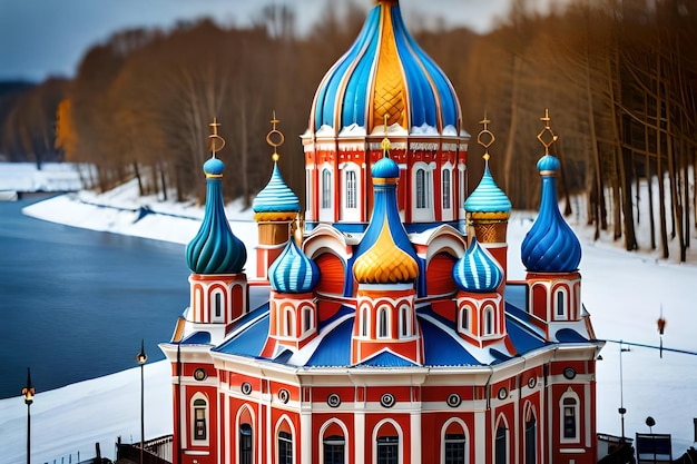 a church with a blue roof and a red and yellow roof.