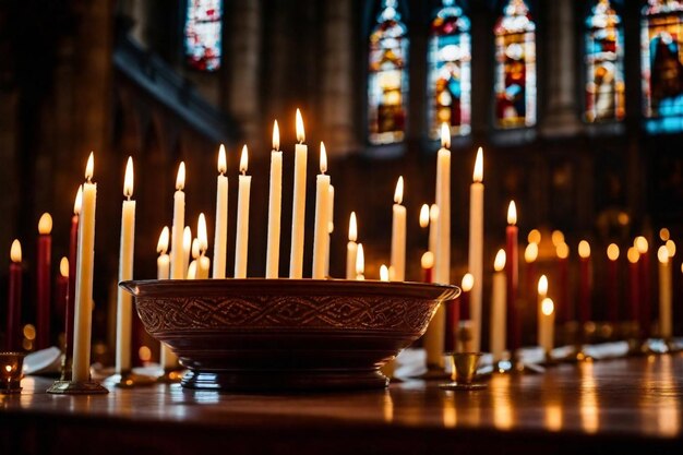 a church with a bunch of candles in front of a stained glass window