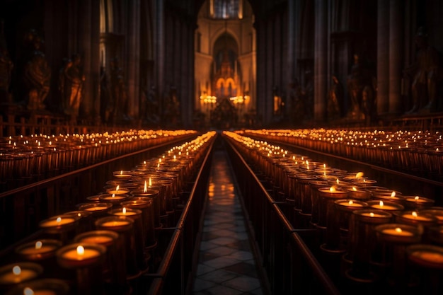 a church with candles lit up in the middle of it