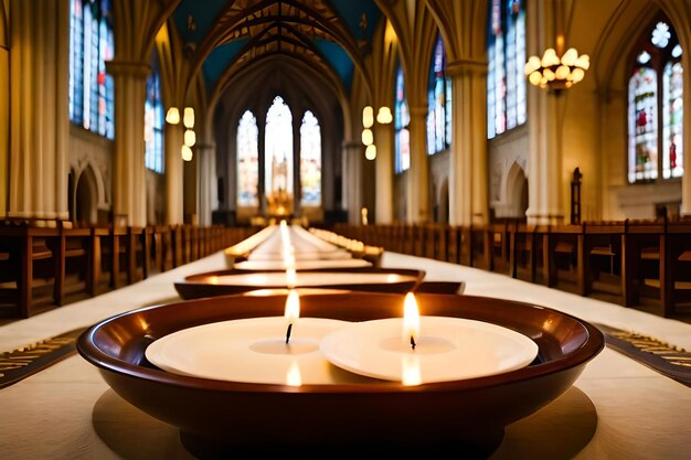 A church with candles that say " candles " on the table.