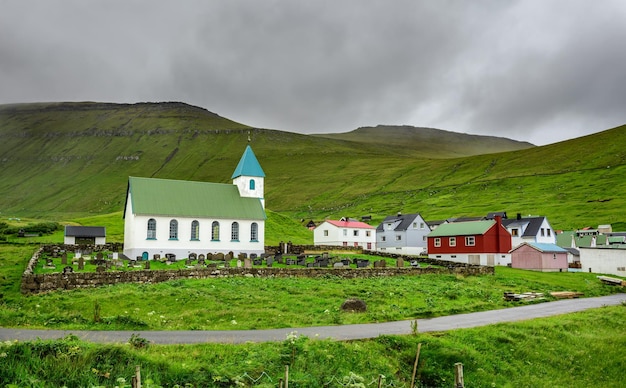 Church with cemetery in Gjogv Faroe Islands Denmark