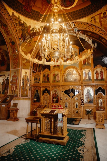 A church with a chandelier hanging from the ceiling