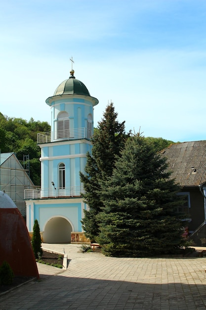 Foto una chiesa con un orologio in cima e un albero in primo piano