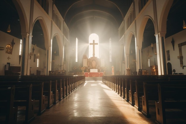 a church with a cross in the center of the room.