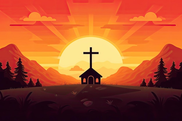 A church with a cross in front of a sunset