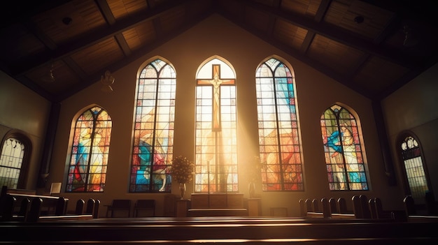 A church with a cross in the middle of the window