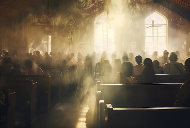 church with crowds of people worshipping behind pews in the style of overexposure effect