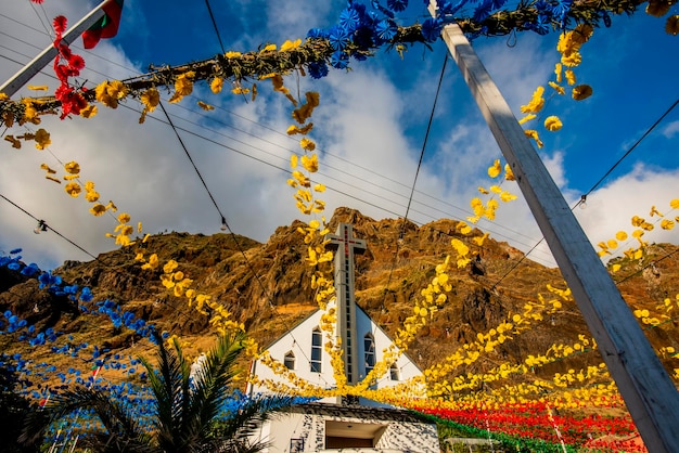 Church with flower arrangements for the festival of mes dos arraias in the north of madeira portugal