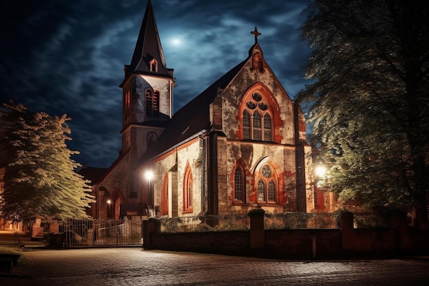 a church with a full moon behind it