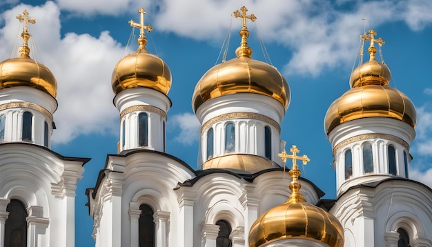 a church with gold domes and a cross on the top