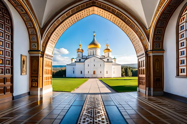 a church with a golden dome and a blue sky