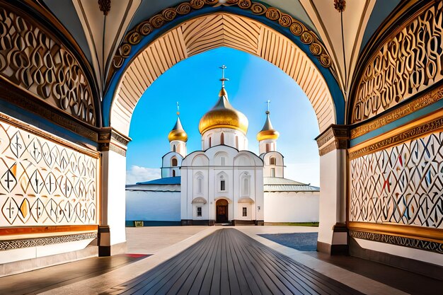 a church with a golden dome and a blue sky