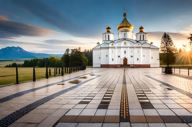 A church with a golden dome and a cloudy sky