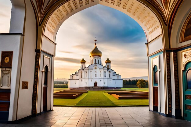 a church with a golden dome and a cloudy sky