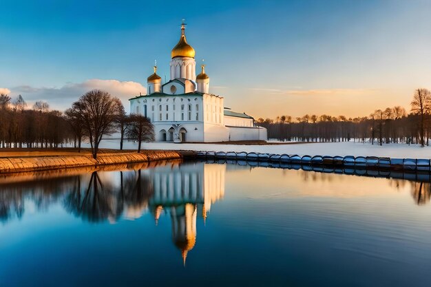 A church with a golden dome and a lake in front of it